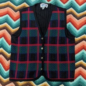 Vintage acrylic plaid tar tan vest gilet gold buttons